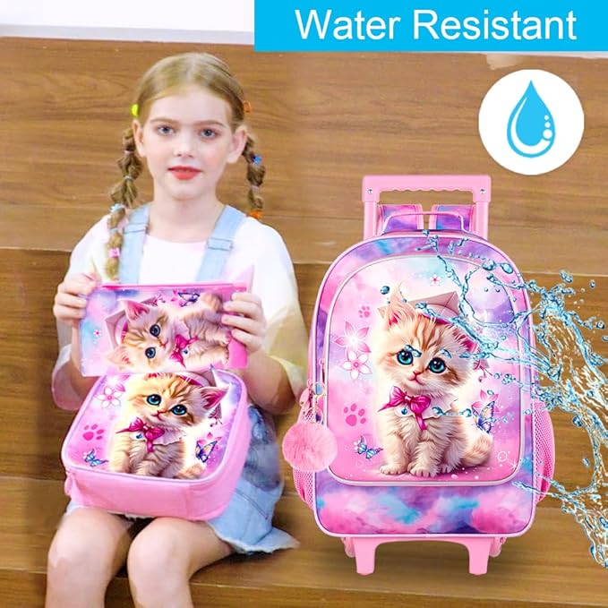 gxtvo Girls Rolling Backpack, Cute Cat Roller Wheels Kids Bookbag - Wheeled Elementary School Bag - 3PCS Cat