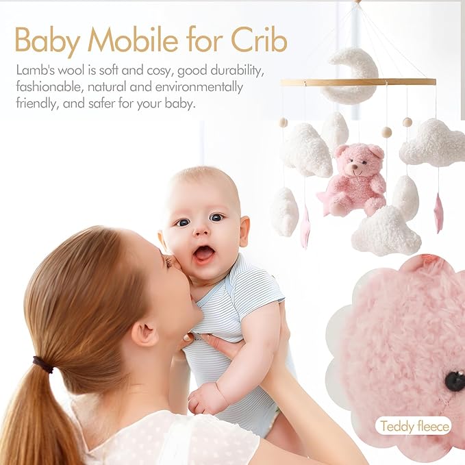 EERKEOD Baby Crib Mobile Bear Nursery Mobile for Boys Girls Teddy Velvet Mobile Nursery Decor for Infant Bedroom Hanging Baby Mobile for Bassinet Newborn Baby Gift(Pink Bear)