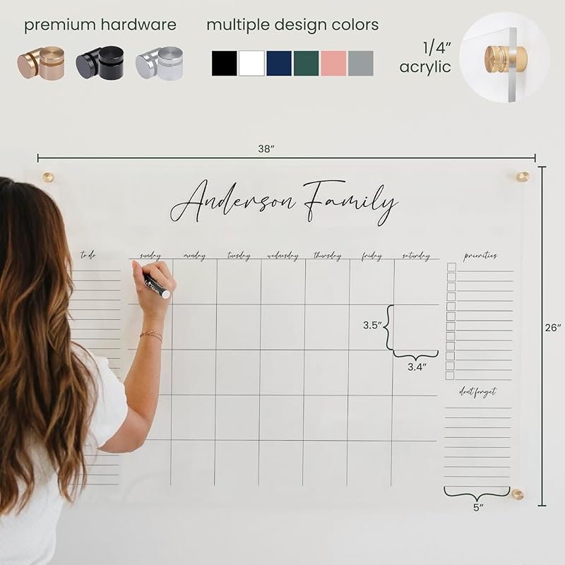 Personalized Clear Acrylic Calendar for Wall, Calendar Whiteboard for Wall, Dry Erase Wall Calendar, Wall Calendar Organizer System for Home (Cursive, Black, 38"W x 26"H)