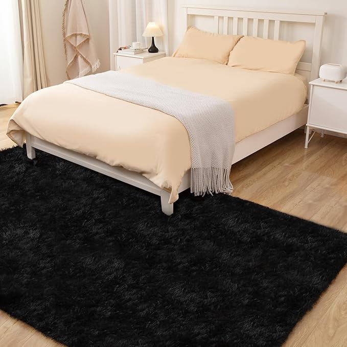 Black Area Rug - 9x12, Soft Plush for Living Room, Bedroom & Nursery, Non-Slip Indoor Carpet for Study, Kids Room Decor