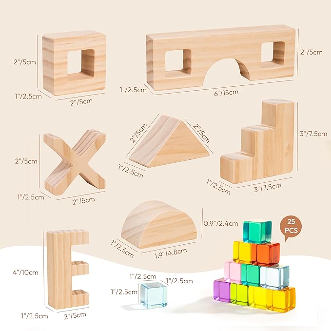 Wooden Rainbow Building Blocks Set for Kids, 22 PCS Wooden Blocks & 25 PCS Gem Cubes Stacking Blocks, Montessori Stacking Toys for Toddlers, Educational STEM Easter Toys for Boys Girls 3-6