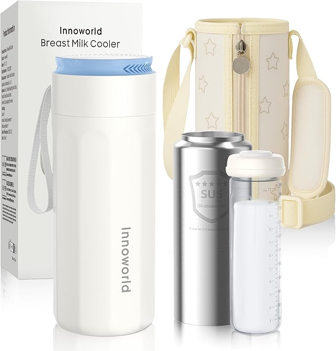 Portable Breastmilk Cooler for Outdoor, Breast Milk Cooler with 11oz Baby Bottle for Breastmilk Storage, 360° Stainless Steel Cooling Tube for 24 Hours Continuous Cooling, with Portable Carrier Bag