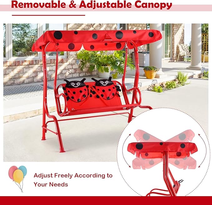 GLACER Porch Swing, Kids Patio Hammock w/Adjustable Canopy & Stand, Safety Belt, 2 Seats Outdoor Swing Bench, Metal Frame Hanging Lounge Chair, Swing Sets for Backyard, Garden, Poolside (Red Ladybug)