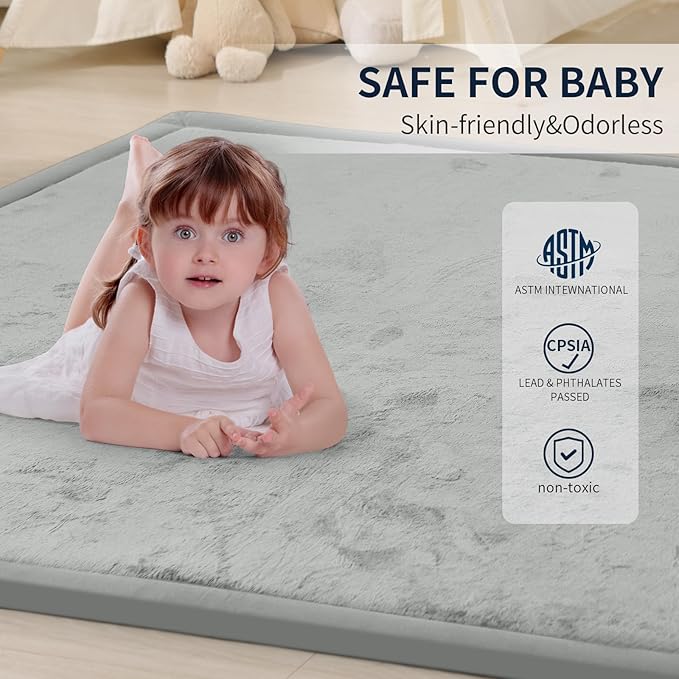 ACOMOPACK Baby Play Mat for Floor 1.3" Thick Memory Foam Play Mat 59"×71" Tummy Time Crawling with Non-Slip Bottom for Living Room,Nursery,Soft Velvet Playpen Mats for Kids,Infants(Light Grey)