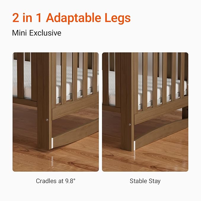 EvoNest Baby Crib, 6 in 1 Convertible Mini Crib with Wheels, 100% New Zealand Wood Growing Bed, 4 Adjustable Mattress Height,Walnut Brown (Walnut Brown)