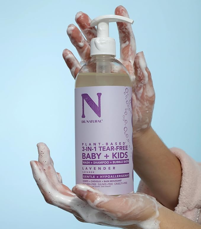 Dr. Natural 3-in-1 Tear-Free Baby Plus Kids Soap - Head-to-Toe Soap and Shampoo - Sensitive Skin Moisturizing Body Wash - Lavender - 16 oz