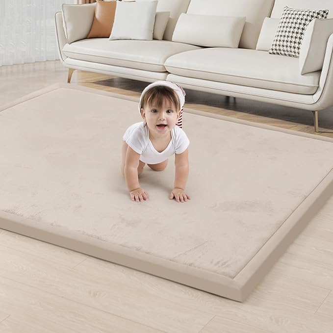 ACOMOPACK Baby Play Mat for Floor 1.3" Thick Memory Foam Play Mat 79"×157 Tummy Time Crawling with Non-Slip Bottom for Living Room,Nursery,Soft Velvet Playpen Mats for Kids,Infants(Beige)