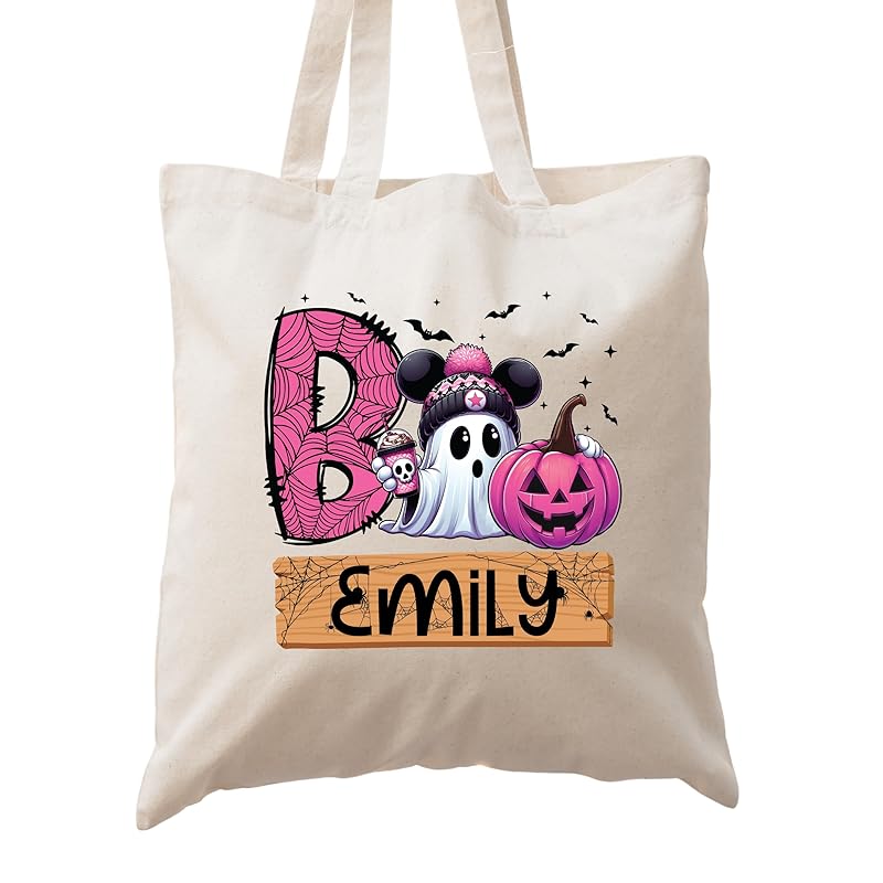 Personalized Trick or Treat Bags Custom Name Halloween Canvas Tote Bags for Kids Pumpkin Ghost Boo Bag Halloween Tote Bags for Girls and Boys Reusable Candy Totes 15" x 16"