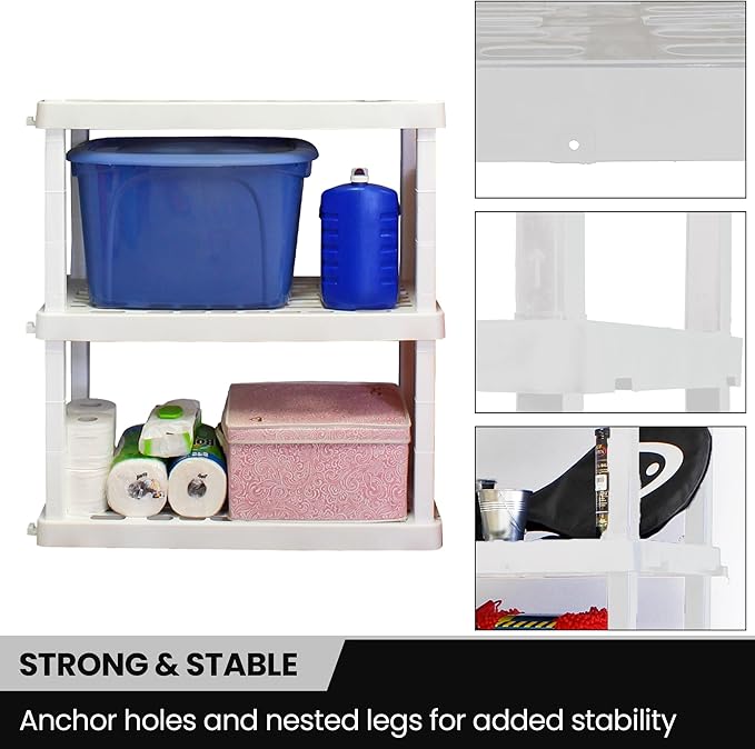 Oskar Storage Shelves - Bathroom Wall Organizer, Kids Room Toys Book Shelf, No Drill Heavy Duty, Kitchen Closet Garage Outdoor 3 Tier Stackable Plastic Shelving Unit