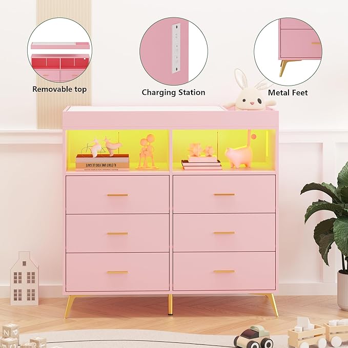 Changing Table Dresser with Drawers, Baby Dresser with Changing Table Top, Power Outlet, LED Light & Metal Feet, Diaper Changing Station Nursery Organizer for Infants Newborn, Pink