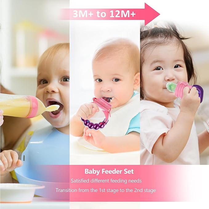 WAJIAYON Baby Fruit Feeder Pacifier - 12 Pack | 2 Infant Food Feeder Pacifier & 1 Baby Food Dispensing Spoon | Fresh Fruit Teethers for Babies | Silicone Feeder Babies,Infant Teething Feeders (Pink)