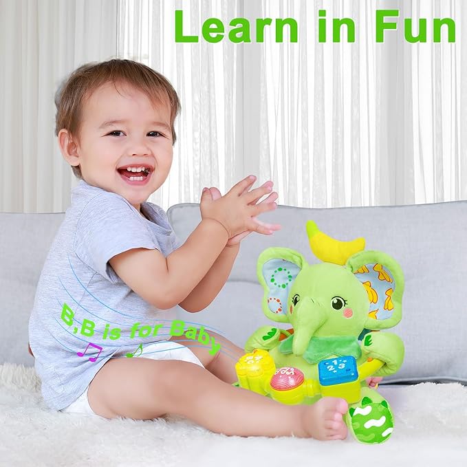 Baby Elephant Musical Stuffed Animals Toy with Light-Up Music & Crinkle Sound Paper,Infant Bilingual Early Learning Education Toys,Tummy Time Toys for 0-3-6-12+ Months Boy Girl, Green