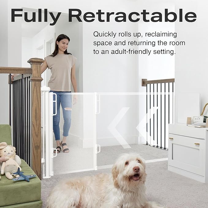 Cumbor 76" Wide Long Retractable Baby Gates for Stairs, Mesh Dog Gate for The House, 34" Tall Extra Wide Pet Gate for Dogs, Child Safety Gates for Doorways, Hallways, Cat Gate Indoor/Outdoor(White)