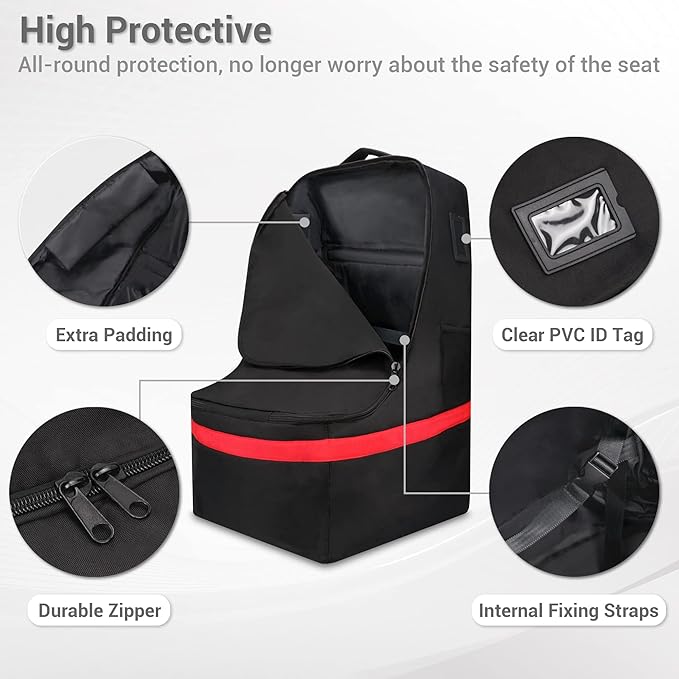 Car Seat Travel Bag - Padded, Comfortable, Durable, Roomy Gate Check Carseat Cover Backpack Fits 3-in-1,Convertible, Booster & Infant Car Seats for Airplane, Airport, Red