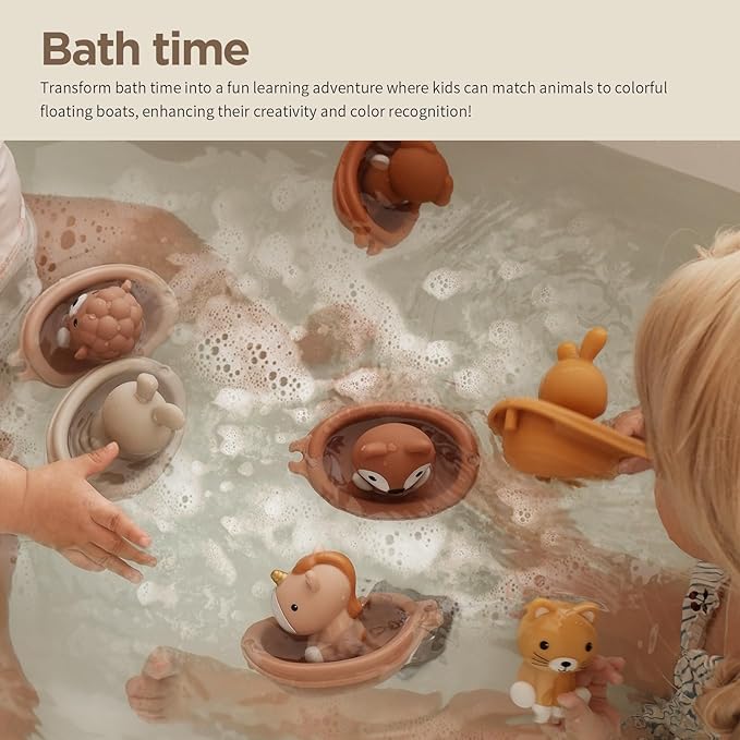 Nueplay Bathtub Toys for Toddlers 18M+,Baby Bath Toys with Animal Finger Puppets, Stackable Boat Train ,Gift for Baby & Toddlers Set of 12
