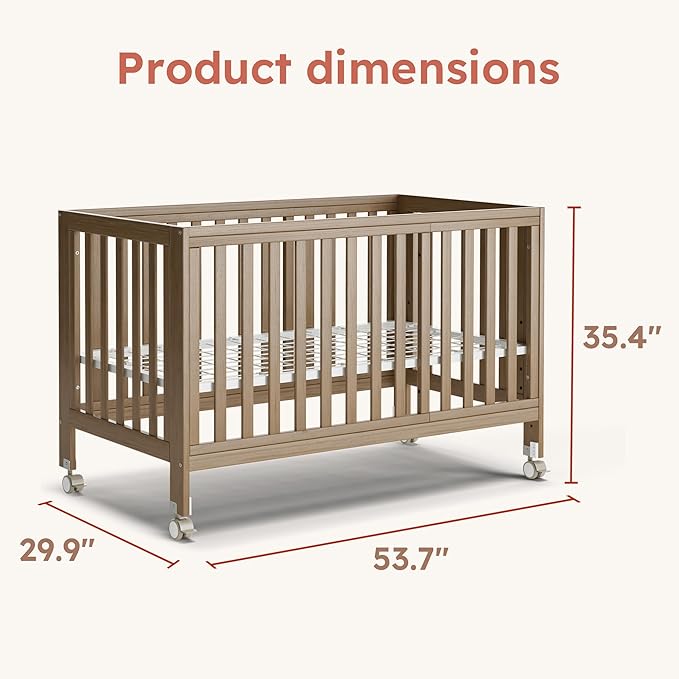 EvoNest Baby Crib, 11 in 1 Convertible Mini Crib with Wheels, 100% New Zealand Wood Growing Bed, 4 Adjustable Mattress Height ,Walnut Brown