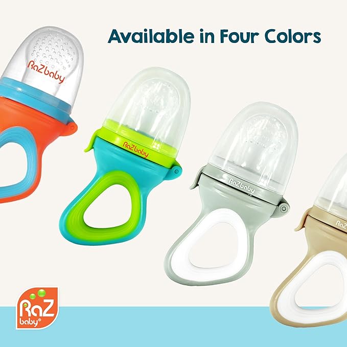 RaZbaby Baby Solids/Frozen Fruit Feeder Pacifier, Infant Teether Toy 6M+, BPA-Free Silicone Pouch & Nipple, Safely Introduce Solids, Natural Teething Relief, Dishwasher Safe, Freezable – Orange/Blue