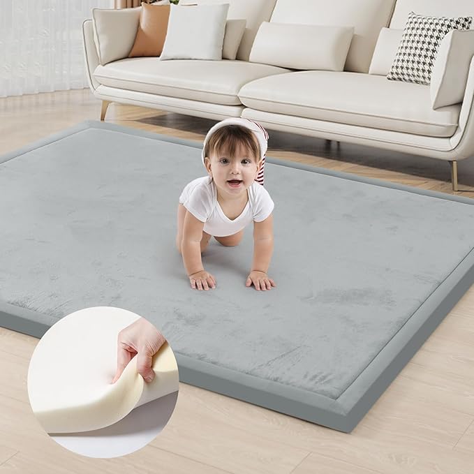 ACOMOPACK Baby Play Mat for Floor 1.3" Thick Memory Foam Play Mat 39"×59" Tummy Time Crawling with Non-Slip Bottom for Living Room,Nursery,Soft Velvet Playpen Mats for Kids,Infants(Light Grey)