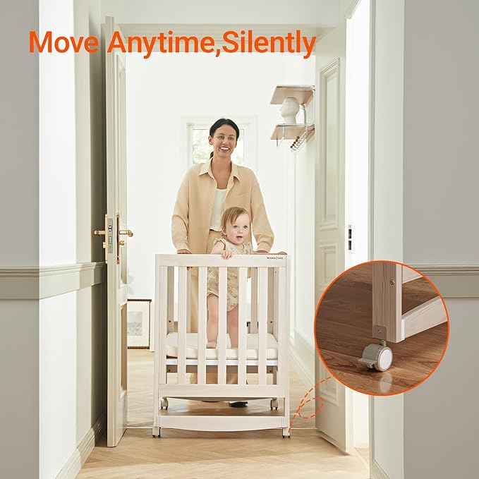 EvoNest Baby Crib, 6 in 1 Convertible Mini Crib with Wheels, 100% New Zealand Solid Wood Growing Bed, 4 Adjustable Mattress Height,Washed Natural