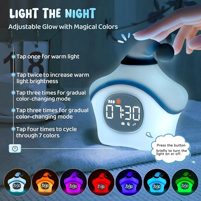 Star Alarm Clock with Night Light for Kids with Sleep Training and Sound Machine, Rechargeable Silicone Lamp OK to Wake Clock, Cute Animal Tabletop Lamp, Perfect Sleep Companion for Boys Girls, Blue