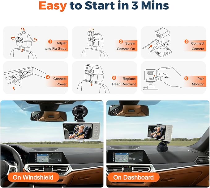 Wireless Baby Car Camera Monitor 5" HD 1080P IPS, 360° Rotating Camera with Auto/Manual Night Vision, 1000ft Range, Anti-Glare Display & USB Charging for Backseat, Home, Travel,Camping