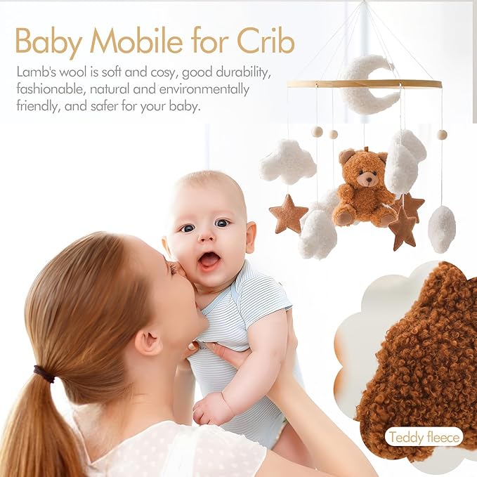 EERKEOD Baby Crib Mobile Bear Nursery Mobile for Boys Girls Teddy Velvet Mobile Nursery Decor for Infant Bedroom Hanging Baby Mobile for Bassinet Newborn Baby Gift(Brown Bear)