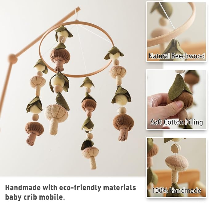 Baby Mobile for Crib,Crib Mobile for Boys Girls, Soft Crib Toys Hanging,Baby Mobile for Bassinet,Boho Nursery Decor Neutral(Mushroom,Leaves,Cotton)