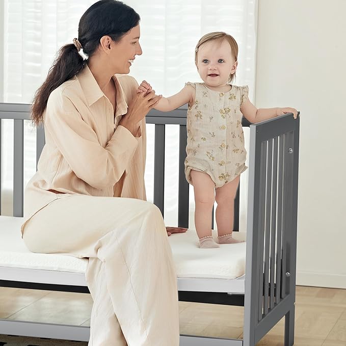 EvoNest Baby Crib, 6 in 1 Convertible Mini Crib with Wheels, 100% New Zealand Pinewood Growing Bed, 4 Adjustable Mattress Height,Washed Natural (Grey)