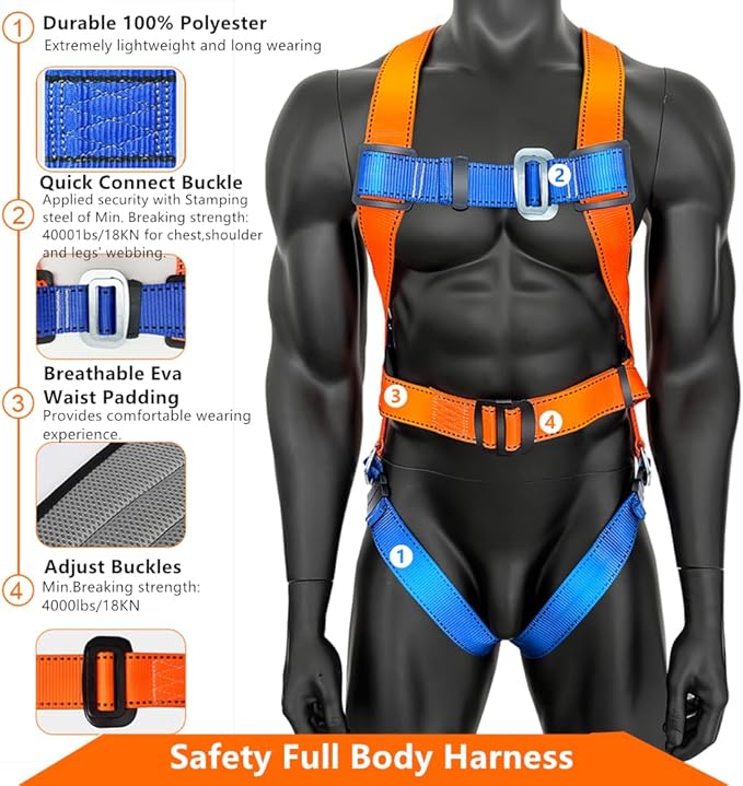 Full Body Safety Harness Tool Fall Protection,OSHA/ANSI Compliant,ASTM F1774certified | INTERNAL Shock Absorbing Lanyard(Orange)