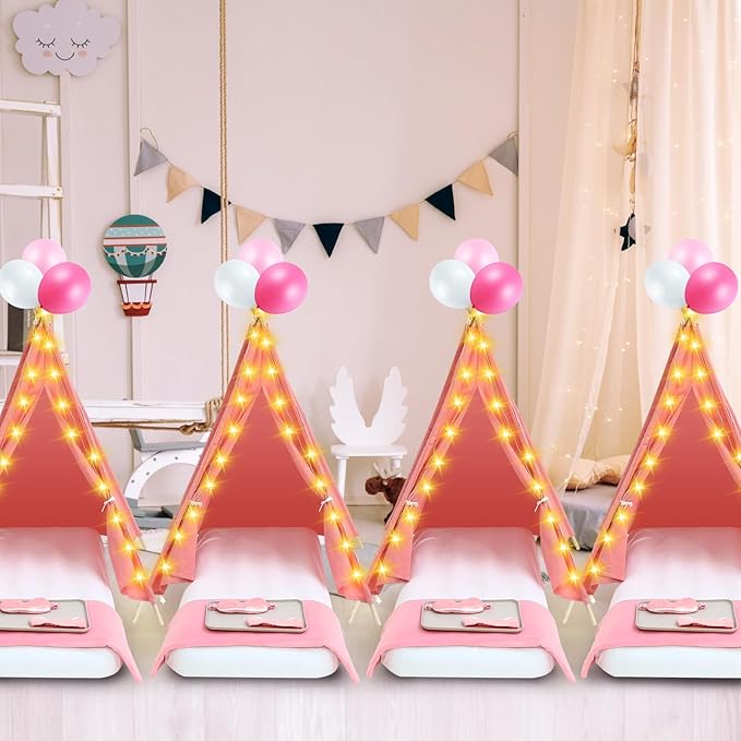 Windyun 6 Pack Kids Teepee Tent for Slumber Party Sleepover Tents for Girls Party with Air Mattress, Star Lights, Blankets Trays Sheets, Natural Cotton Toddler Play Teepee for Indoor Outdoor(Pink)