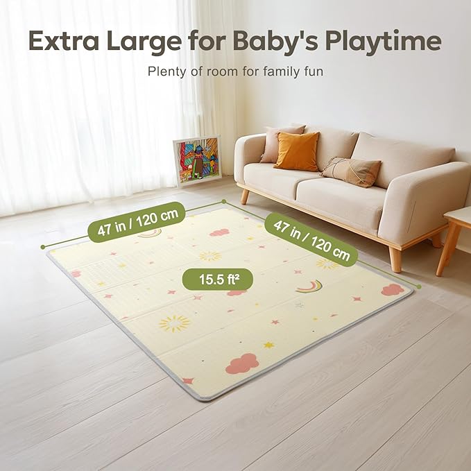 Extra Large Foldable Play Mat, Reversible Baby Play Mat with Edge Reinforcement, Non-Toxic & Waterproof Baby Mat for Floor, Foam Playmat for Infants Toddlers, Rainbow, Cloud & Moon, 50''x50''
