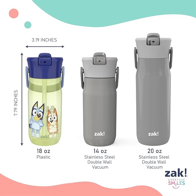 Zak Designs Harmony Bluey Water Bottle for Travel or At Home, 18oz Recycled Plastic is Leak-Proof When Closed with Straw Lid and Carry Handle, 2-Pack (Bluey and Bingo)