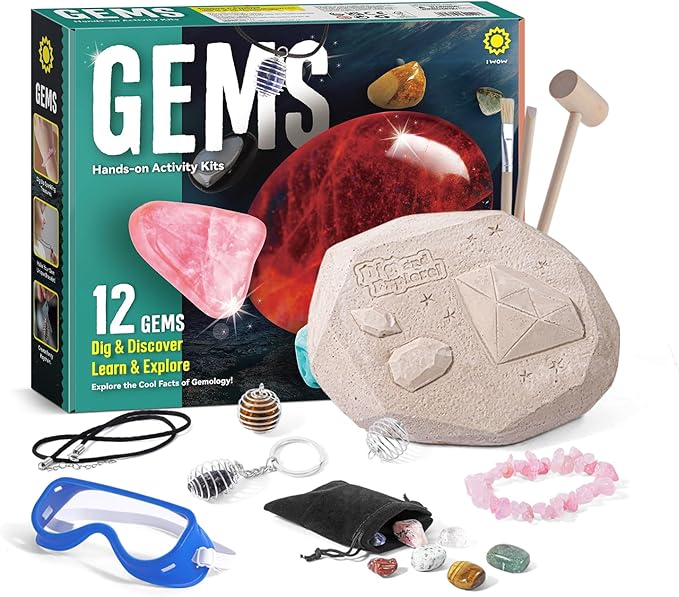 12PCS Gemstone Dig Kit for Kids โ Dig Up Gems & Make Necklaces, Bracelets, Keychains โ STEM Crystal Jewelry Craft Kit with Safety Goggles โ Gift for Girls & Boys Ages 6 7 8 9 10 11 12