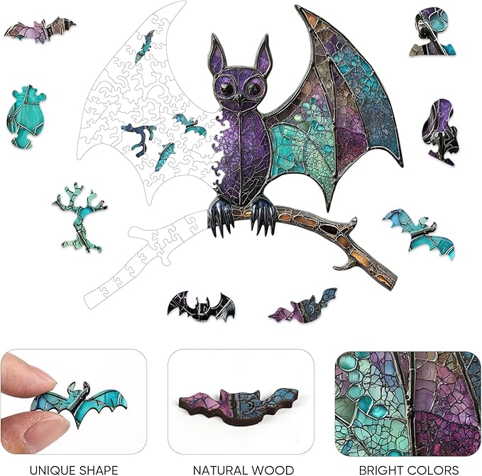 Wooden Puzzles for Adults,Stained Glass Bat Puzzles -Animal Wooden Puzzles,Unique Irregular Fun Challenging Jigsaw Puzzles Gifts,Perfect Family Games,11.2 * 10.6inch