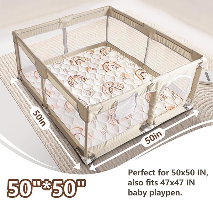 Baby Play Mat, 50x50 Playpen Mat with Super Soft Touch, Activity Mat with Upgraded Anti-Slip Bottom, Machine Washable Crawling Mat for Floor & Picnic(Boho Rainbow)