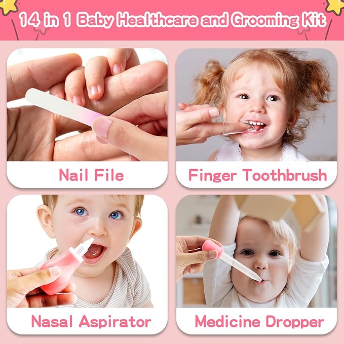 Baby Grooming Kit,Infant Safety Care Setwith Hair Brush Comb Nail Clipper Nasal Aspirator, Baby Essentials Kit for Newborn Girls Boys (14 PC-Pink Kit)