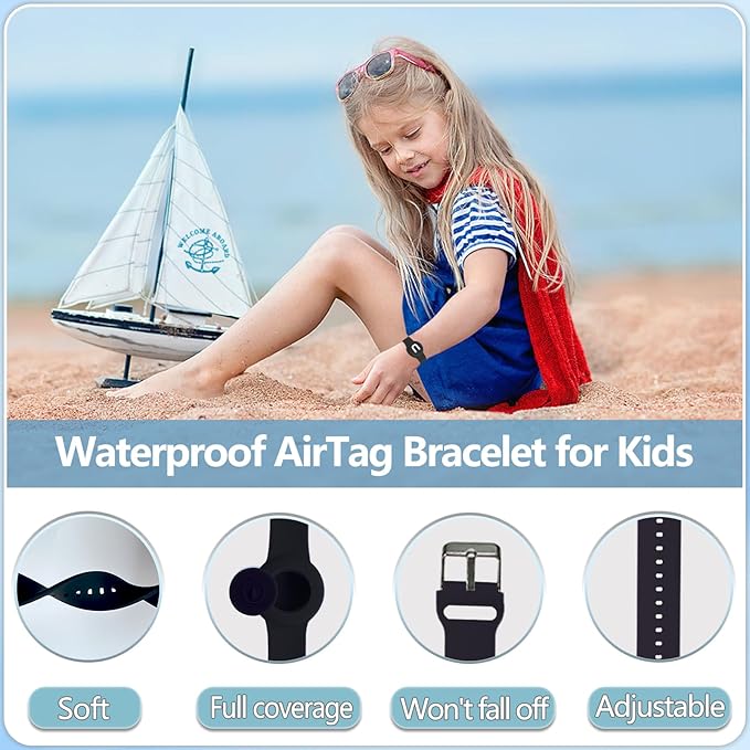 Waterproof Bracelet for AirTag Kids, Personalized Initial Letter Hidden Holder Compatible with Air Tag, Silicone Case for Airtag Adjustable Anti-Lost GPS Tracker for Toddler Child Elder, U