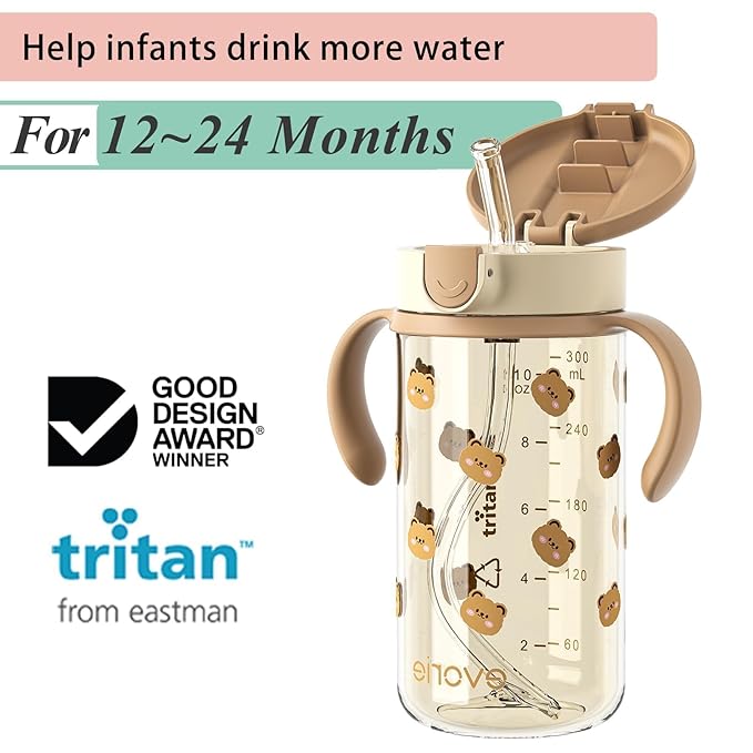 Evorie Tritan Spill Proof Toddler Straw Sippy Cup, 10 oz for Baby and Toddlers 1-3 Years Old, No Spill Straw Water Bottle with Removable Handles, Ideal for School, BPA-Free, Honey Bear