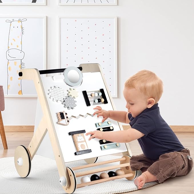 Beright Wooden Baby Walker with Roller, Push and Pull Learning Activity Walker, Multi-Functional Kidsโ Activity Toy, Multiple Activities Center, Develops Motor Skills & Stimulates Creativity, Natural