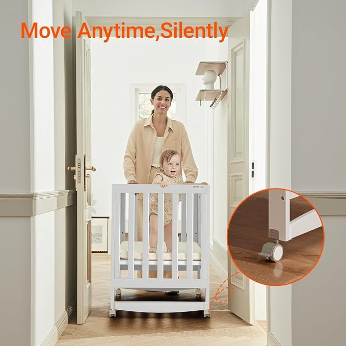 EvoNest Baby Crib, 6 in 1 Convertible Mini Crib with Wheels, 100% New Zealand Solid Wood Growing Bed, 4 Adjustable Mattress Height,White