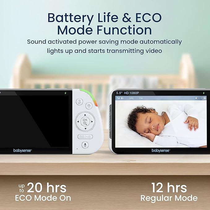 Babysense 5.5" Full-HD Split-Screen Baby Monitor, 1080p Video Baby Monitor with Camera and Audio, 3 Cameras with 6-Color RGB Night Light, 1000ft Range, Two-Way Audio, 4X Zoom, Large Battery