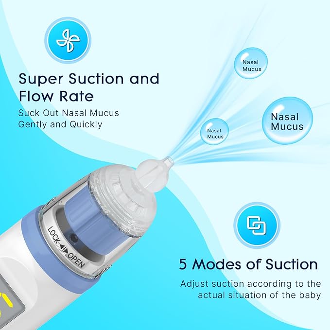 Electric Nasal Aspirator for Baby, Nose Aspirator for Toddlers, Rechargeable Baby Nose Sucker, Nose Cleaner with 3 Silicone Tips, 5 Suction Levels, Music and Light Soothing Function,Blue