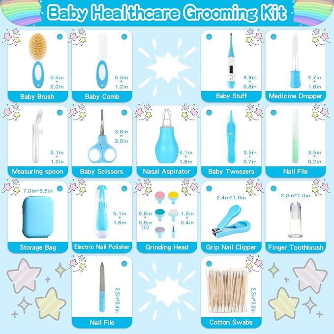 Baby Grooming Kit,Electric Safety Nail Trimmer Baby Nursery Kit,Infant Safety Care Set with Hair Brush Comb Nail Clipper Nasal Aspirator,Baby Essentials Kit for Newborn Girls Boys (21 PC-Blue Kit)
