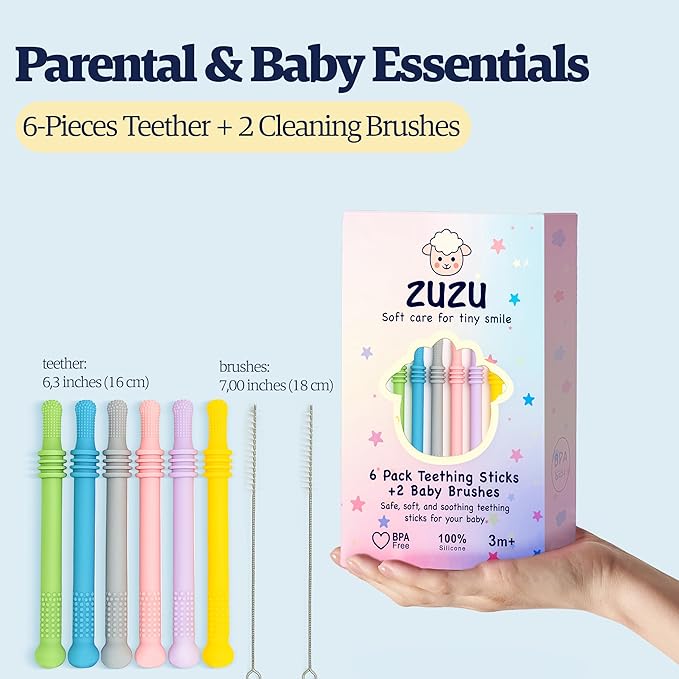 Babies Teether Teething Toys , Montessori Toy Teethers for 0-36 Months, Infant Sensory Relief Teething Stick Toys, Parent Baby Essentials, Baby Gift Teether – BPA‑Free, Food‑Grade Silicone 6 Pack