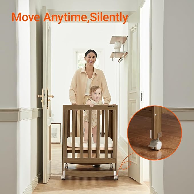 EvoNest Baby Crib, 6 in 1 Convertible Mini Crib with Wheels, 100% New Zealand Wood Growing Bed, 4 Adjustable Mattress Height,Walnut Brown (Walnut Brown)
