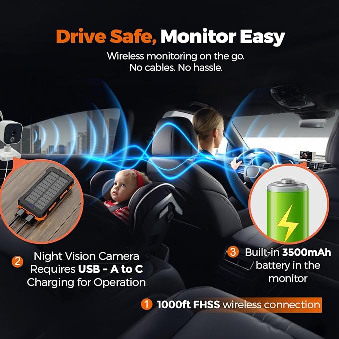 Wireless Baby Car Camera Monitor 5" HD 1080P IPS, 360° Rotating Camera with Auto/Manual Night Vision, 1000ft Range, Anti-Glare Display & USB Charging for Backseat, Home, Travel,Camping