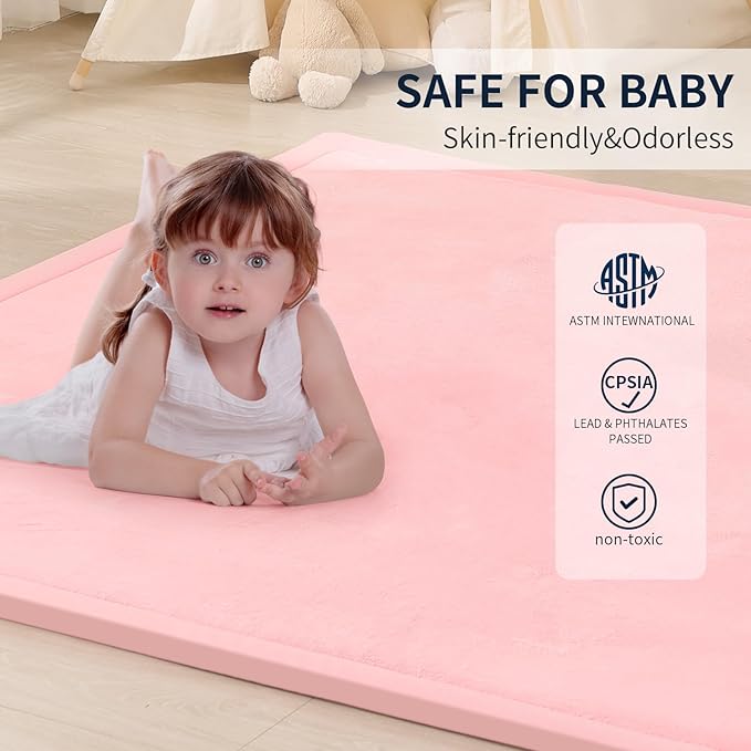 ACOMOPACK Baby Play Mat for Floor 1.3" Thick Memory Foam Play Mat 59"×71" Tummy Time Crawling with Non-Slip Bottom for Living Room,Nursery,Soft Velvet Playpen Mats for Kids,Infants(Pink)
