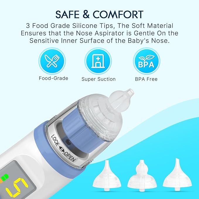 Electric Nasal Aspirator for Baby, Nose Aspirator for Toddlers, Rechargeable Baby Nose Sucker, Nose Cleaner with 3 Silicone Tips, 5 Suction Levels, Music and Light Soothing Function,Blue