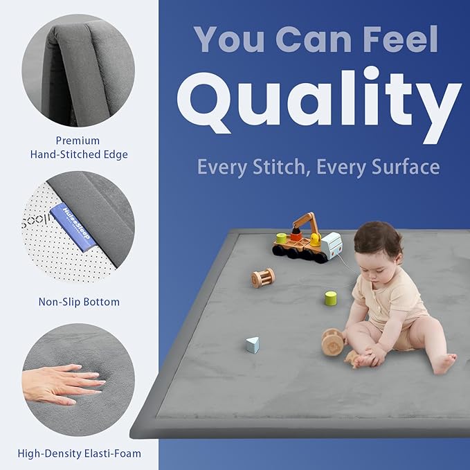 Baby Play Mat for Floor,1.3" Thick Memory foam Tummy Time Mat,Water Repellent Soft Velvet Nursery Rug,Extra Large Non Slip for Crawling,Toddlers,Infants,kids,Tatami Style for Living Room(Dark Grey)