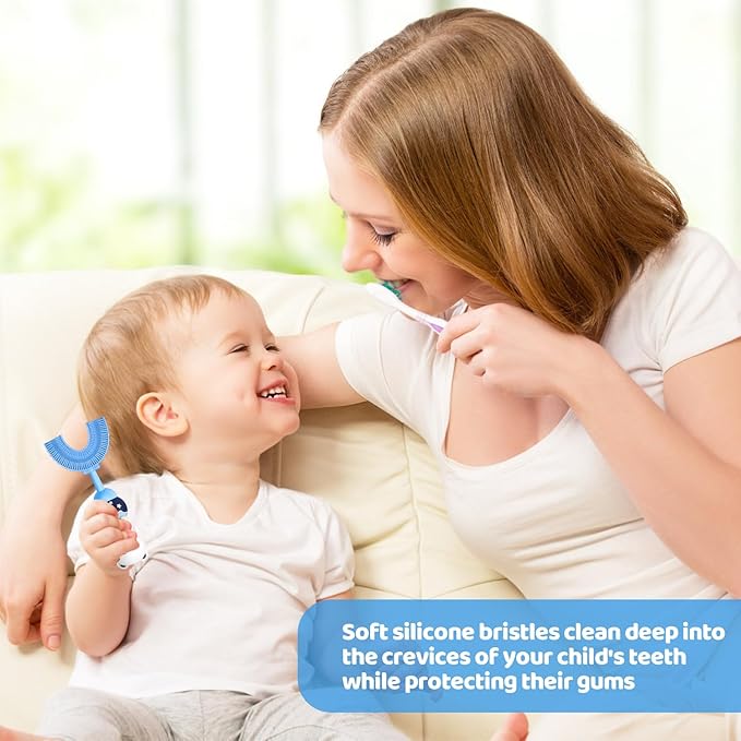 U-Shaped Toothbrush for Kids Ages 2-7, Soft Food-Grade Silicone for Sensitive Gums, 360° Teeth Cleaning Design,Training & Travel-Friendly Toddlers' Toothbrush (Blue)